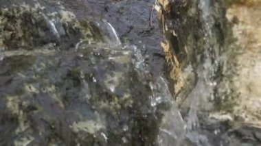 Dağlarda kristal şelale, kaygan damlacıklar, ağır çekimde yosunlu taşların üzerine düşüyor. Yavaş çekimde, güneşli bir yaz gününde, düşen damlalar parıldıyor ve eski yosunlu kayaları suluyor.