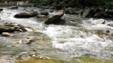 Kristal su akıntıları, yazın güneşli bir günde Karpatya dağlarındaki büyük kayalar arasında akan güçlü su akıntılarının görkemli manzarasıyla dağdaki büyük cüsseli nehirler arasında kaynıyor. Düz taşlardan biri eğimli... 