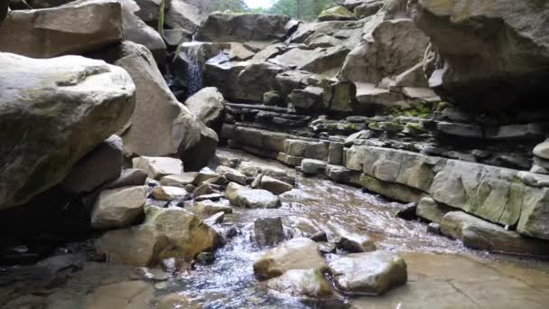 Wunderschönes Flüsschen Das Zwischen Steinen Und Felsen Den Karpaten Fließt — Stockvideo