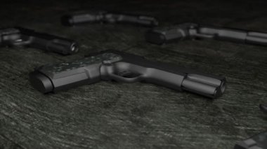 Birçok modern metalik tabanca gri bir masanın üzerinde siyah arkaplana karşı yatıyor. 3D heyecan verici. Birçok modern silah Colt 45 'e benziyor.. 