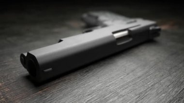 Gri bir masaya yerleştirilmiş modern bir tabanca siyah arkaplan etrafında döner modern silahın şaşırtıcı biçimde 3D görüntüsü Colt 45 'e benzer uzun namlulu gri bir masa üzerinde siyah arkaplan etrafında döner. Sanatsal ve iyi görünüyor.