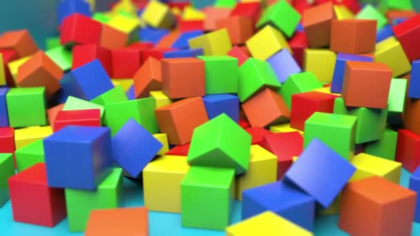 Many Funny Multicolorful Baby Cubes Lying Falling Cheerily Table Amusing — Stock Video