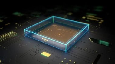 Düz bir bilgisayara yerleştirilmiş mikroişlemci, mavi kareler hareket ediyor. Mavi kareler holografik işaretler gösteren düz, gri bir pc platformuna yerleştirilmiş 3D kare işlemci görüntüsü.
