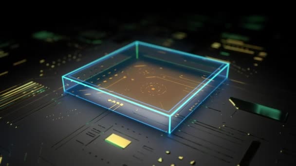 Микропроцессор Размещен Плоской Платформе Голубыми Квадратами Движущимися Впечатляющее Трехмерное Рендеринг — стоковое видео