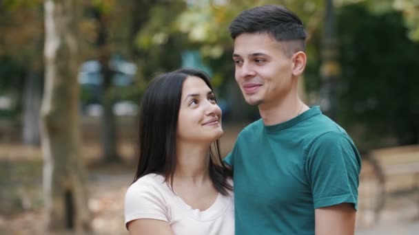 Happy Young Couple Standing Hugging Kissing Each Other Street Summer — Stock Video