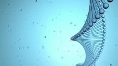 Mavi zemin üzerinde nükleotidlerin döndüğü sarmal DNA görünümlü şerit ve mavi zemin etrafında dönen ince çizgilerle sarmal bir DNA 'nın etkileyici 3D görüntüsü. İlham verici ve bilimsel görünüyor..
