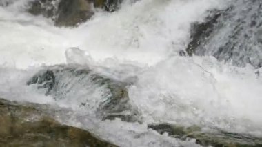 Kayalık köpüklü sular Carpathian dağlarındaki taşlı şelalenin üzerinden fışkırıyor. İçi görünen güçlü suların muhteşem manzarası yazın güneşli bir günde Carpathan dağlarındaki kayalık şelaleden aşağı akıyor. Şelale dalgalı görünüyor..