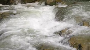 Yazın kayalık ve taştan taşlı çağlayan bir nehrin köpüklü nehirleri yazın güneşli bir günde Carpathian dağlarında kayalık ve taşlı çağlayanın üzerinden akan bir dağ nehrinin fıskiyelerine yakın çekim yapar..
