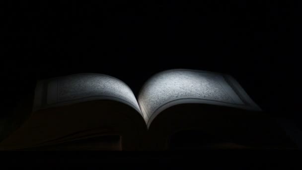 Las páginas de la Biblia se voltean sobre un fondo oscuro — Vídeo de stock