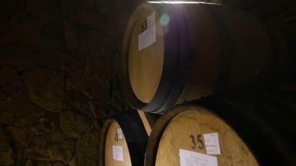 Barricas de vino apiladas en la antigua bodega — Vídeo de stock