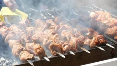 Yaz piknik üzerinde domuz kebab pişirme