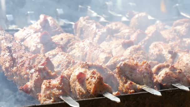Kızarmış domuz eti şiş üzerinde — Stok video