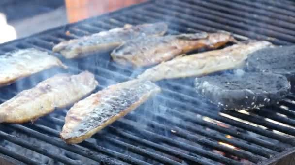 Grillen van vis op kampvuur — Stockvideo