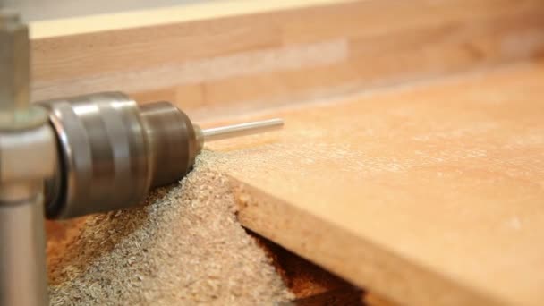 Taladros de trabajo panel de madera máquina de perforación — Vídeo de stock