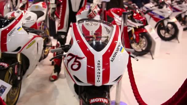 People at motorcycle exhibition — Stock Video