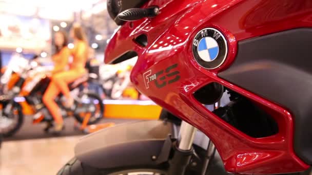 People at motorcycle exhibition — Stock Video