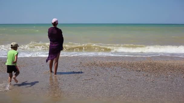 Mamá e hijo en pie en la playa — Vídeo de stock