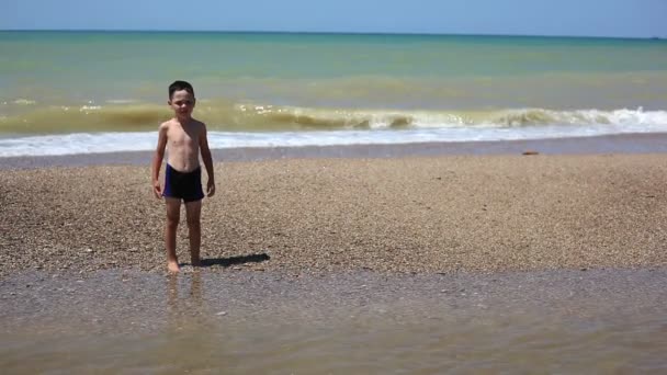 Menino brincando na praia — Vídeo de Stock