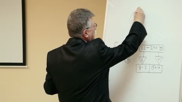 Homme d'affaires dessin graphique sur tableau blanc — Video