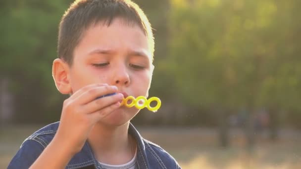 Boy blowing soap bubbles — Stock Video