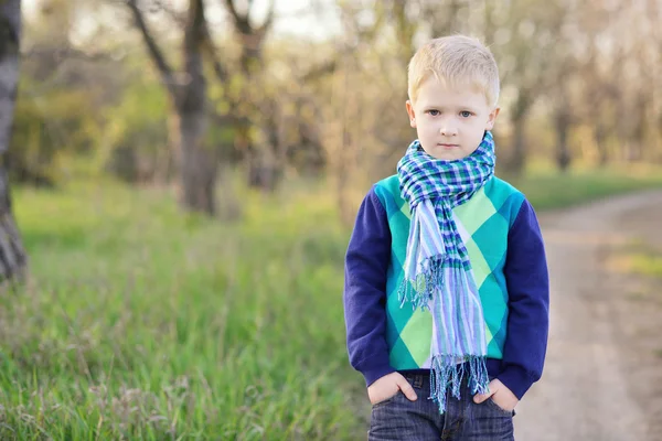 Blonder Junge von fünf Jahren in einem Schal und einem Pullover, der auf einem — Stockfoto