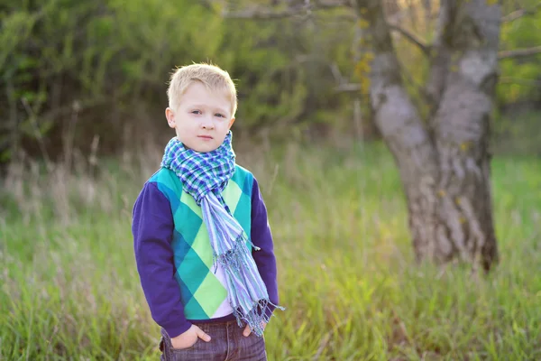 Blonder Junge von fünf Jahren in einem Schal und einem Pullover, der auf einem — Stockfoto