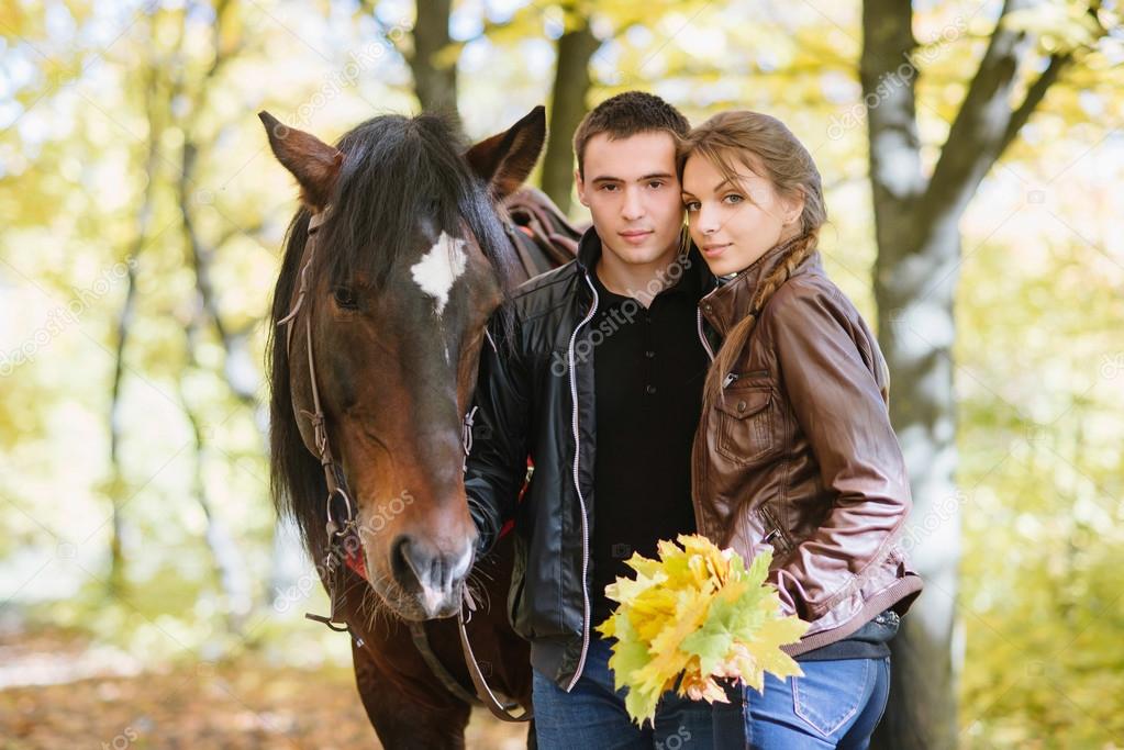 couple in love, horseback riding, tenderness, forest