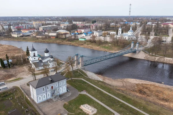 Famoso Puente Cadena Iglesia San Nicolás Ciudad Ostrov Región Pskov — Foto de Stock