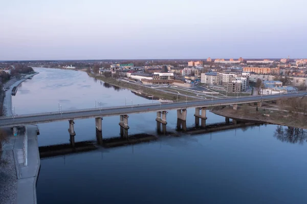 Drone Vista Del Puente Olginsky Pskov Amanecer — Foto de Stock