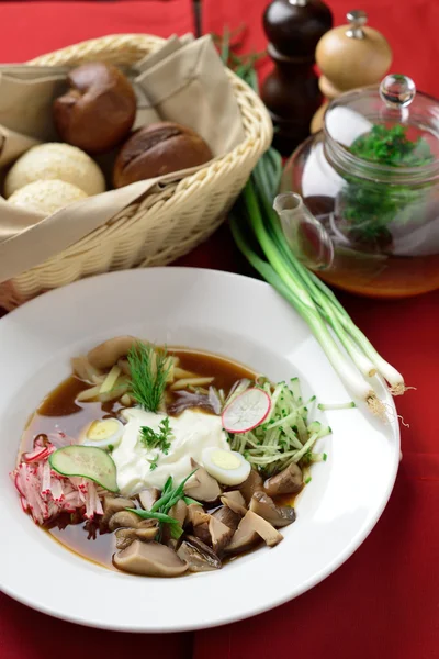 Russisches Gericht Okroshka mit Kvass, Ei, Petersilie, Radieschen, Pilz — Stockfoto