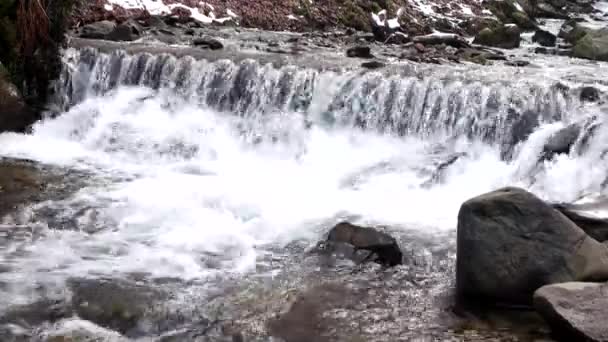 美丽的面纱瀑布，冬季森林溪流 — 图库视频影像