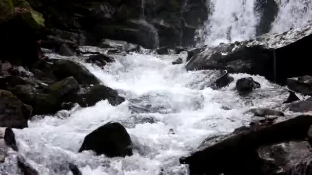 快速流动的水，在冬季瀑布 — 图库视频影像