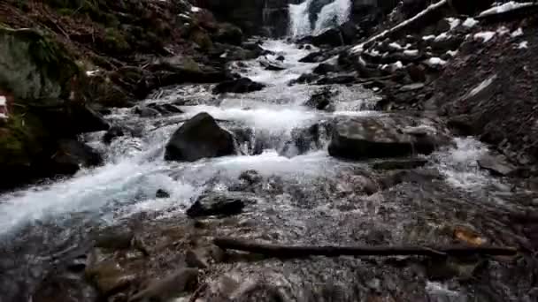 Быстрый поток воды в водопаде зимой — стоковое видео