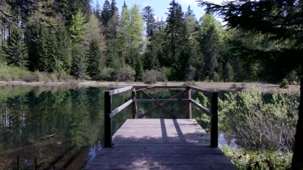 Pontón de madera sobre un lago de montaña — Vídeo de stock