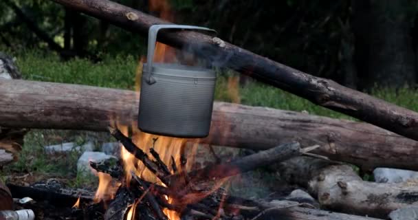 Wrzącej wody w garnku turystyczne powyżej ognia — Wideo stockowe