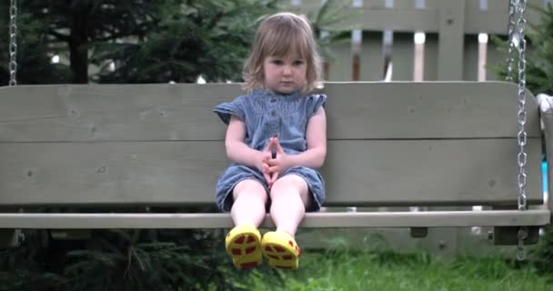 Açık ahşap zinciri salıncakta sallanan küçük şirin kız — Stok video