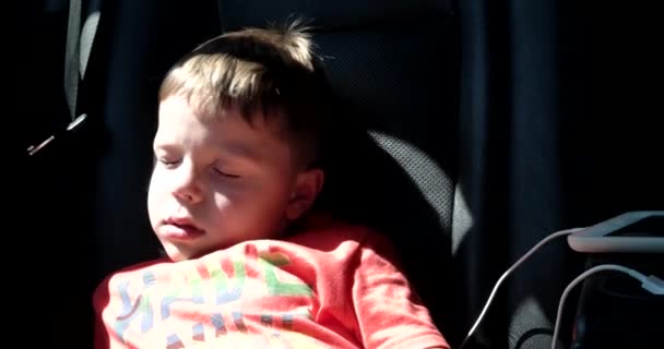 Niño pequeño en el asiento trasero del coche durmiendo mientras su familia viaja — Vídeo de stock