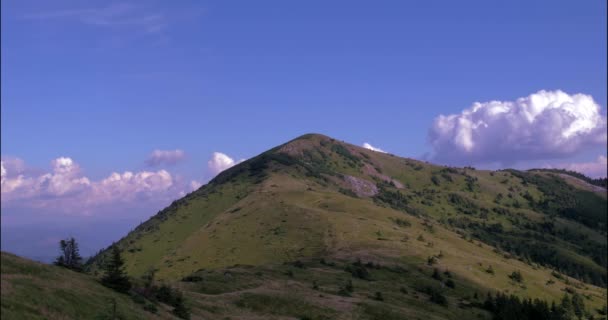 Ορεινό τοπίο, τρέχει σύννεφα με βουνό και δέντρα και ποτάμι, Timelapse — Αρχείο Βίντεο