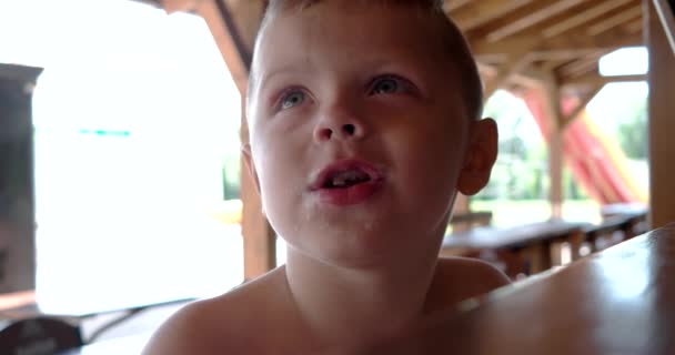 Portret ładny chłopiec jeść lody, śmieszne dziecko zajęty z deserem — Wideo stockowe