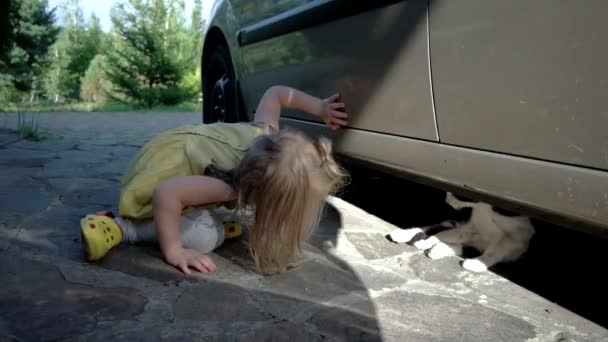 Мила маленька дівчинка грає з котом під машиною. дітей та домашніх тварин — стокове відео