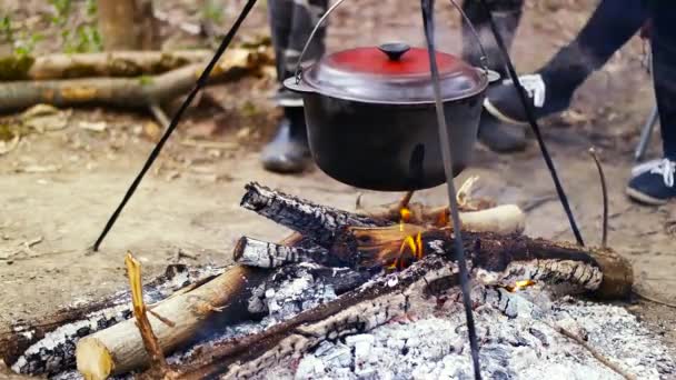 キャンプファイヤー伝統的なハンガリー料理 - bogracs グーラッシュに沸騰。時間の経過 — ストック動画