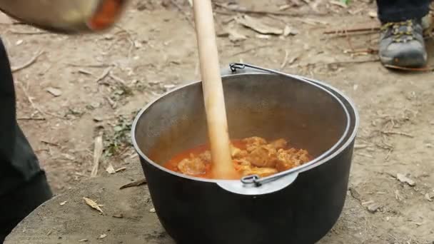 Cozinhar prato húngaro tradicional - bogracs goulash — Vídeo de Stock