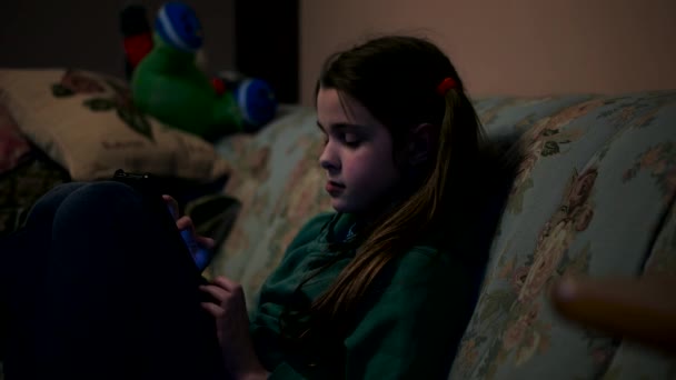 Junges Mädchen mit einem Tablet auf einem Sofa in der Dunkelkammer sitzend — Stockvideo