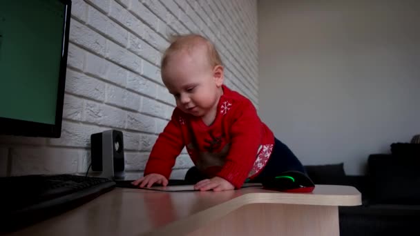 Baby jongetje smashing de computermuis. Op deze close-up slow-motion hoge kwaliteit is schieten een computermuis smash wordt door een kleine babyjongen zitten in de rode stoel. — Stockvideo