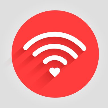 Heart shape and wifi sign. Happy valentine 's day. Trendy vector connect icon for holiday design. Concept logo design. Flat wifi icon isolated on the red background. Love feed.Wireless hotspot signal. Flat white icon for holiday design.  Wifi signal