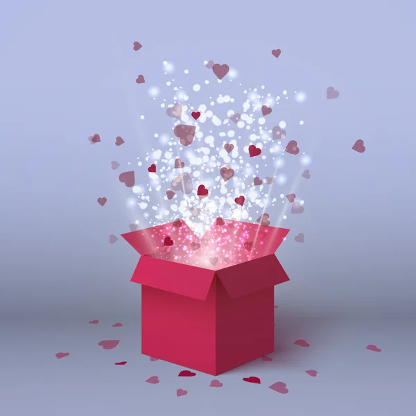 Joyeux Valentines boîte cadeau isolé. Des cœurs rouges sortent de la boîte cadeau. Cadeau rose rouge présent avec des coeurs volants pour la conception de vacances. L'amour est dans l'air. Boîte d'amour. Explosion cardiaque. Bannière Saint-Valentin pour les vacances. Boîte cadeau rose — Image vectorielle