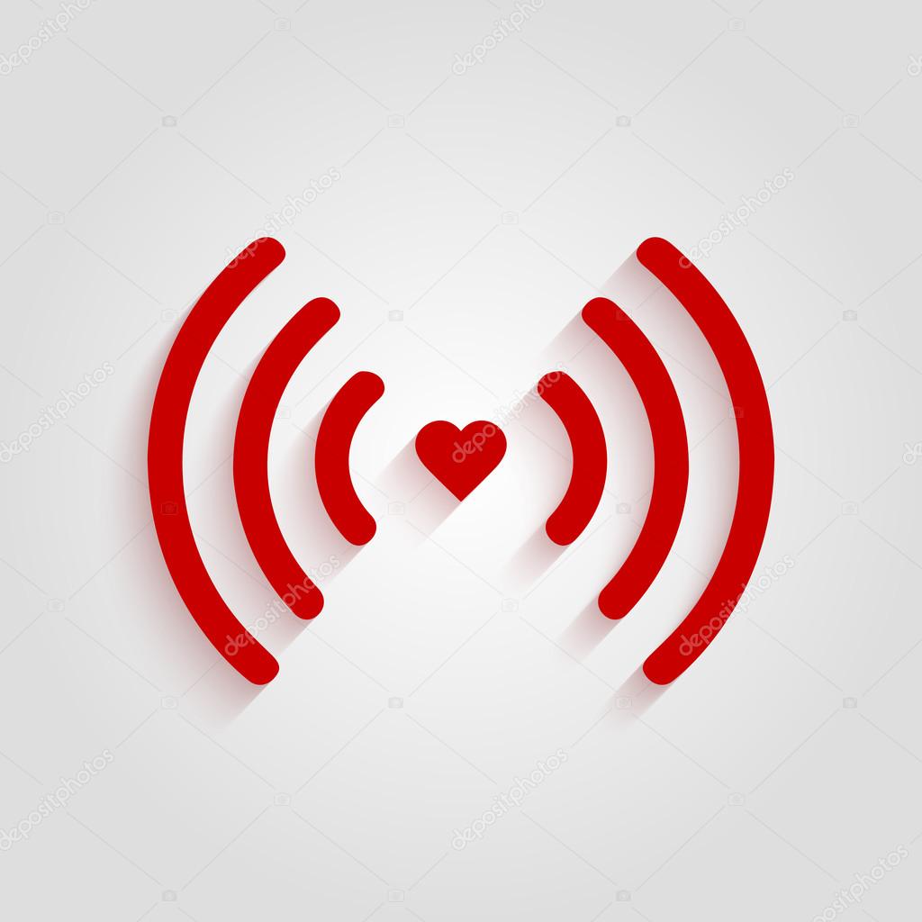 Heart shape and wifi sign. Happy valentine 's day. Trendy flat vector connect icon for holiday design. Concept logo design.Red wifi icon isolated on the background. Love feed. Wireless hotspot signal. Flat red icon for holiday design.  Wifi signal