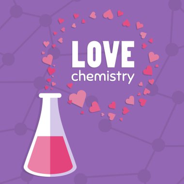 Love chemistry illustration. Set of hearts. Test tube with love fluid. Inspirational romantic and love card for Happy Valentines Day. Stylish love poster design in cute style. Chemical reaction. Love is in the air. Set of flying hearts.Cartoon style
