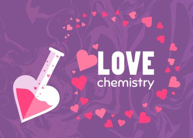 Love chemistry. Set of flying hearts. Test tube with love fluid. Romantic greeting card for Happy Valentines Day design. Love poster design. Unique traditional chinese, turkish, texture. Symbol of love. Cute style. Cartoon style. Love is in the air