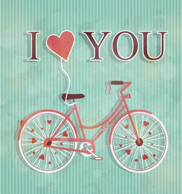 Happy Valentines day illustration. Cute romantic woman's bicycle with flying heart and inscription i love you. Heart shape. Symbol of love. Vintage style holiday greeting card with bicycle. Retro postcard design. Heart baloon.Flying heart. Lettering